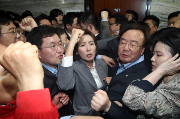 구호 외치는 나경원과 한국당 의원들
