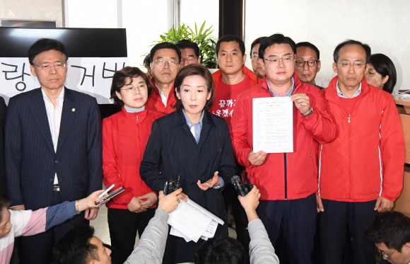 나경원 자유한국당 원내대표가 28일 서울 여의도 국회 정치개혁특별위원회 회의장 앞에서 입장을 밝히고 있다. 2019.4.28 김명국 선임기자 daunso@seoul.co.kr