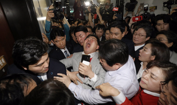 29일 오후 서울 여의도 국회 내 문화체육관광부 회의장에서 열린 사법개혁특별위원회에 참석하기위해 자유한국당 의원들이 진입을 시도하고 있다.. 2019.4.29 정연호 기자 tpgod@seoul.co.kr