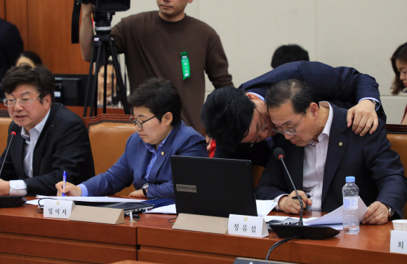 자유한국당 장제원 의원이 정유섭 의원에게 29일 서울 여의도 국회에서 열린 정치개혁특별위원회에서 귀엣말을 하고있다.2019.4.29 정연호 기자 tpgod@seoul.co.kr