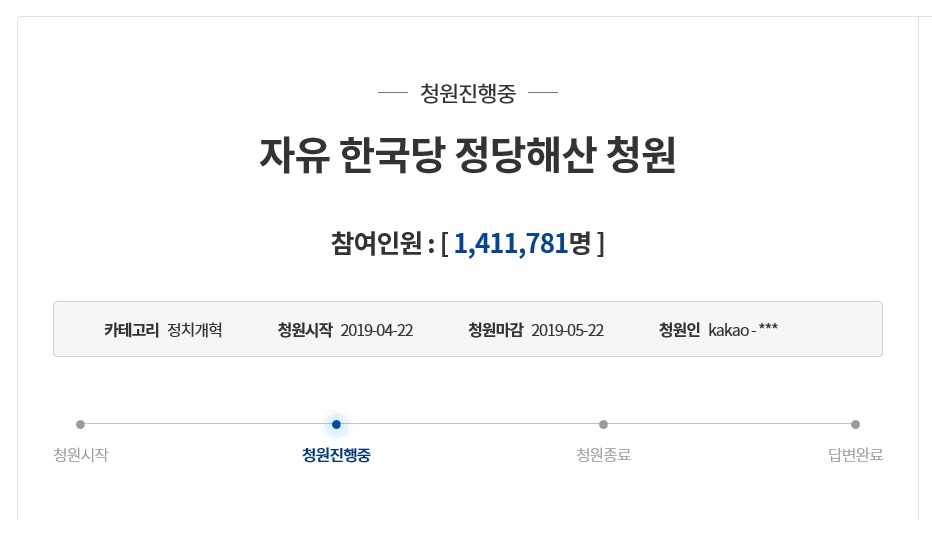 자유한국당 정당 해산 청원 140만 돌파