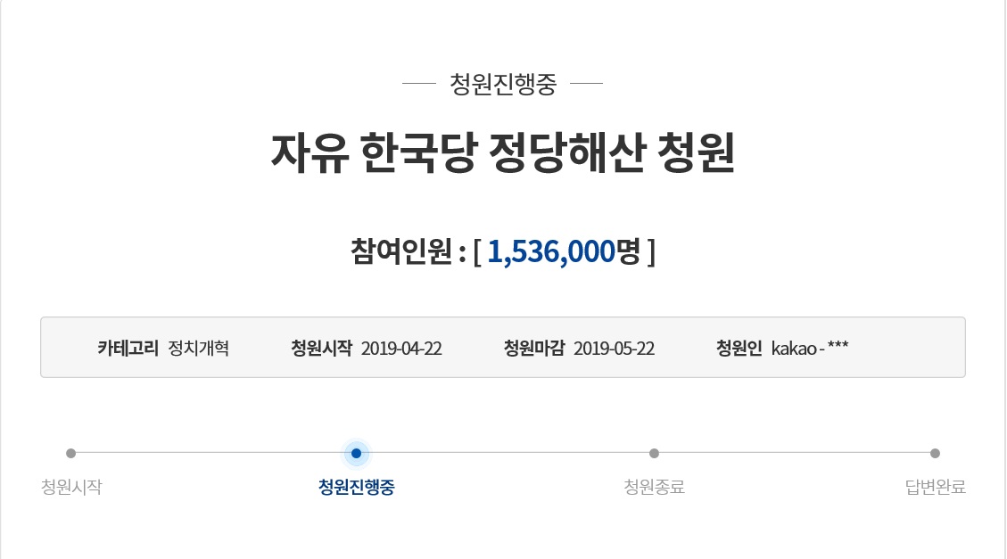 자유한국당 정당해산 청원 150만명 돌파
