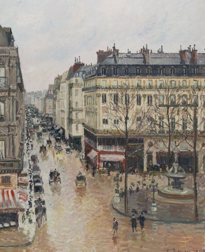 프랑스의 인상파 거장 카미유 피사로가 1897년에 그린 문제의 명작 ‘오후의 생토노레 거리, 비의 효과’. 티센 보르네미사 미술관 제공  