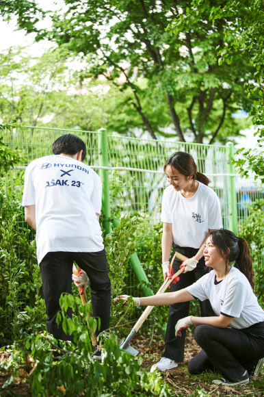 현대자동차 환경 캠페인 ‘화(花)려한 손길’ 참가자들이 지난 4일 서울 영등포구 당산초등학교에서 미세먼지 저감 효과가 있는 나무를 심고 있다. 현대자동차 제공