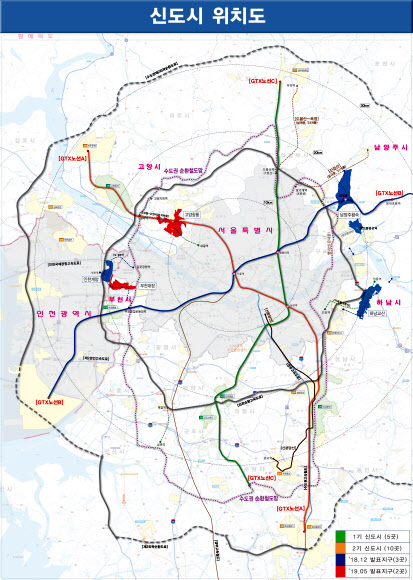 국토교통부가 7일 발표한 ‘수도권 주택 30만호 공급안-제3차 신규택지 추진 계획’에 따른 신도시 위치도. 새 신도시 입지는 고양시 창릉동, 부천시 대장동으로 결정됐다. 2019.5.7  국토교통부 제공