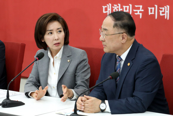 추경안 놓고 대화하는 나경원과 홍남기
