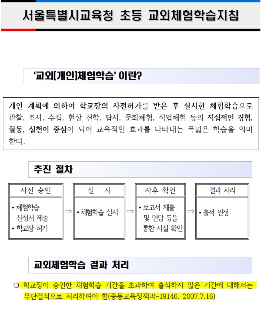 서울시교육청의 초등 개인체험학습지침