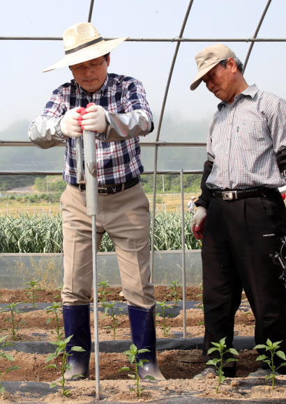 자유한국당 황교안 대표가 14일 오전 충북 제천시 무도2리에서 농촌 봉사활동을 하고 있다. 2019.5.14  연합뉴스