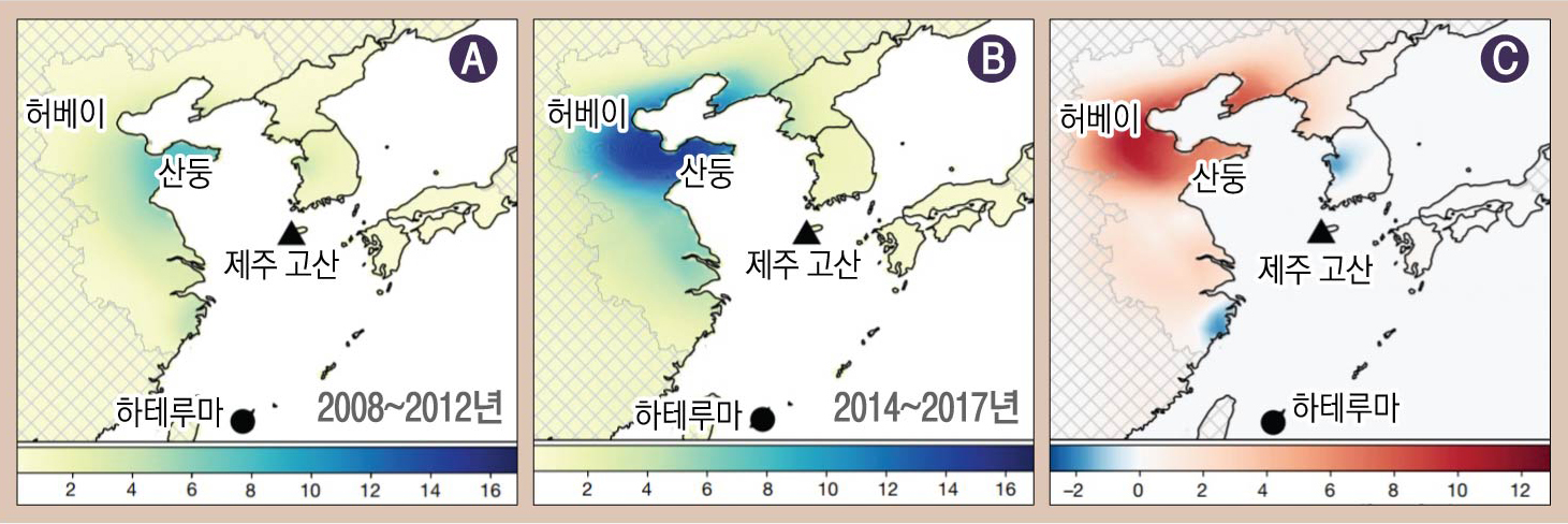 제주도 고산지역과 일본 하테루마 관측소에서 채집된 공기 속에서 프레온가스 농도를 측정한 결과로 분석한 2008~2012년 평균배출량(A)과 2014~2017년 평균배출량(B), 그리고 두 측정 기간 사이에 나타난 배출량 변화분포도(C). 2014년 전후부터 산둥성과 허베이성을 비롯한 중국 동부지역에서 프레온가스가 다량 배출되는 것을 확인할 수 있다.  네이처 제공