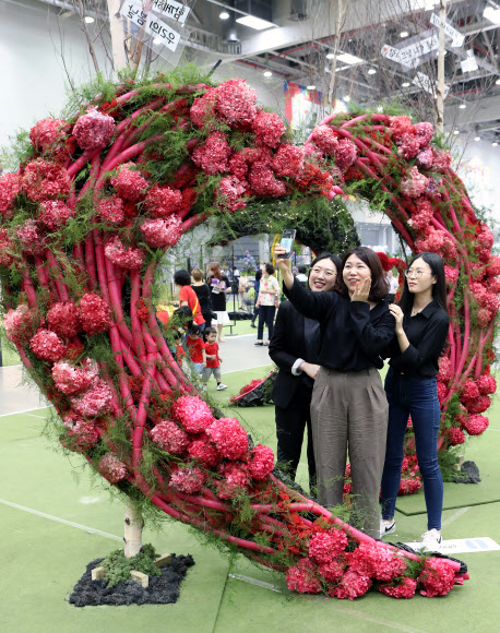 30일 대구 엑스코에서 열린 꽃박람회에서 관람객들이 꽃으로 만든 다양한 전시물들을 보고 있다. 올해 10회를 맞는 ‘대구꽃박람회’는 국내 최대 규모의 실내 꽃박람회로 2일까지 열린다. 2019.5.30  연합뉴스