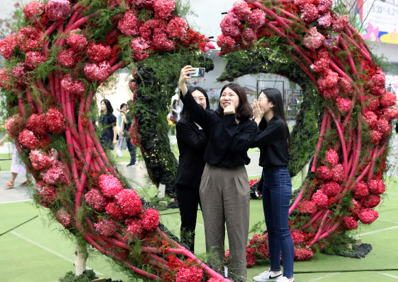 30일 대구 엑스코에서 열린 꽃박람회에서 관람객들이 꽃으로 만든 다양한 전시물들을 보고 있다. 올해 10회를 맞는 ‘대구꽃박람회’는 국내 최대 규모의 실내 꽃박람회로 2일까지 열린다. 2019.5.30  연합뉴스