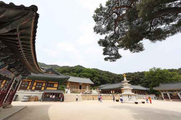 수덕사 경내 모습. 사진 가운데가 고려시대에 지어진 대웅전이다. 건축 연대가 확실하고 조형미가 뛰어나 한국 목조 건축사에서 중요한 위치를 차지한다.
