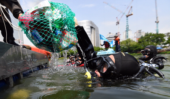 3일 서울 송파구 석촌호수에서 열린 호수정화사업에 참가한 롯데 스킨스쿠버 동호회원과 송파구청 스킨스쿠버 동호회원이 물속에 잠수하여 쓰레기를 수거하고 있다. 2019. 06.03. 박지환 기자 popocar@seoul.co.kr