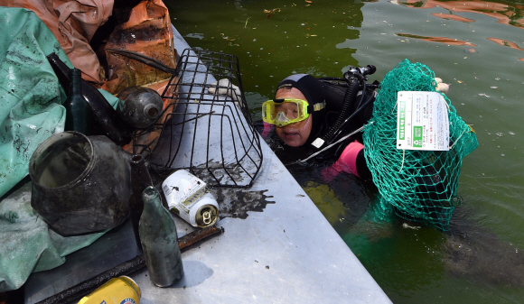 3일 서울 송파구 석촌호수에서 열린 호수정화사업에 참가한 롯데 스킨스쿠버 동호회원과 송파구청 스킨스쿠버 동호회원이 물속에 잠수하여 쓰레기를 수거하고 있다. 2019. 06.03. 박지환 기자 popocar@seoul.co.kr