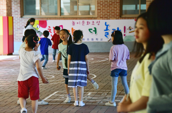 지난달 31일 서울 동작구 영화초등학교 학생들이 사방치기를 하며 환하게 웃고 있다. 이종원 선임기자 jongwon@seoul.co.kr