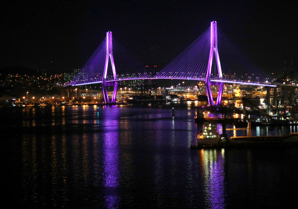 13일 오후 부산의 랜드마크인 부산항대교가 방탄소년단을 상징하는 보라색으로 물들고 있다. 지난달 BTS의 미국 뉴욕 방문 때 랜드마크인 엠파이어 스테이트 빌딩의 상층부 LED 조명이 보라색으로 연출된 바 있다. 또 웸블리 스타디움 콘서트장도 보라색 조명으로 밝히고 방탄소년단과 팬들을 맞이했다. 2019.6.13  연합뉴스