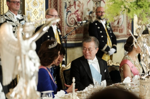 스웨덴 왕비와 대화하는 문 대통령