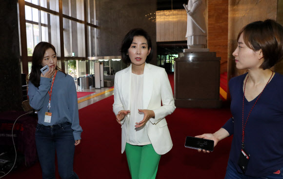 자유한국당 나경원 원내대표가 16일 오전 국회 본청에 들어서며 국회 정상화 협상에 대한 기자들의 질문에 답하고 있다. 2019.6.16  연합뉴스
