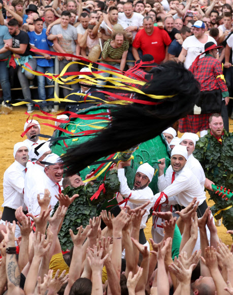 유네스코가 지정한 구전무형문화유산 ‘두카스(두두) 축제’ 참가자들이 16일(현지시간) 벨기에 몬스에서 열린 ‘선’을 대표하는 성 조지와 ‘악’을 대표하는 용 사이의 ‘루마콘’ 싸움에 참여하고 있다. 참가자들은 용꼬리에 붙은 털을 잡기 위해 몰려든다. 로이터 연합뉴스