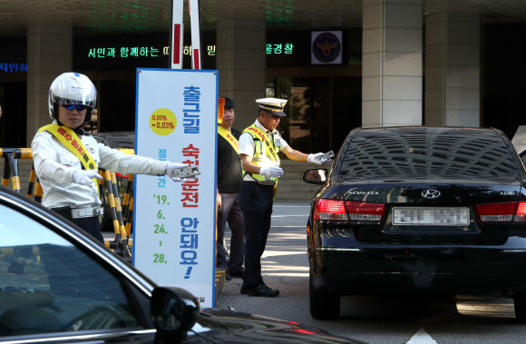 24일 오전 서울 중구 서울지방경찰청에서 경찰관들이 출근하는 직원들을 대상으로 음주 측정을 하고 있다. 서울지방경찰청은 28일까지 전 경찰관서에서 출근길 숙취 운전을 점검한다. 2019.6.24  연합뉴스