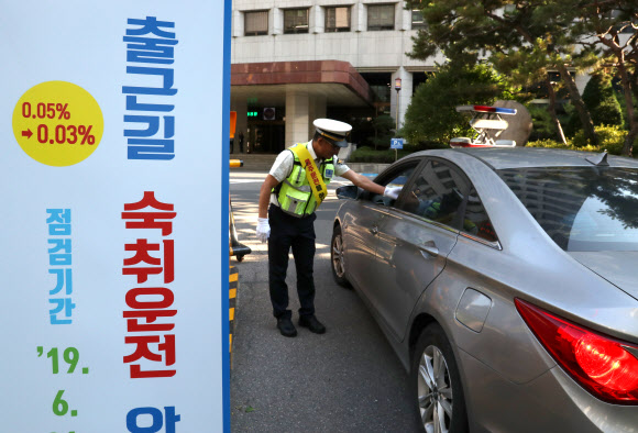 24일 오전 서울 중구 서울지방경찰청에서 경찰관들이 출근하는 직원들을 대상으로 음주 측정을 하고 있다. 서울지방경찰청은 28일까지 전 경찰관서에서 출근길 숙취 운전을 점검한다. 2019.6.24  연합뉴스
