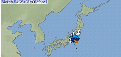 24일 오전 9시 11분 발생한 지진으로 진동이 관측된 지역을 표시한 일본 기상청 홈페이지 지도. 연합뉴스