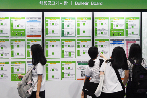 25일 서울 강남구SETEC 컨벤션센터에서 열린 ‘2019 고졸성공 취업대박람회’에서 학생들이 채용공고게시판을 살펴보고 있다. 2019. 6. 25. 박윤슬 기자 seul@seoul.co.kr