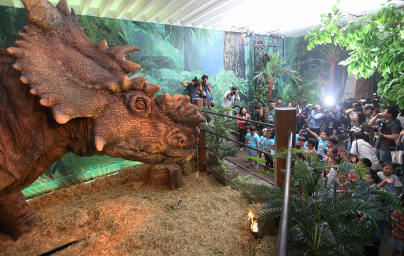 26일 오전 서울 강서구 롯데백화점 김포공항점에서 어린이들이 ‘쥬라기 월드 특별전’을 관람하고 있다.   아시아 최초로 오픈하는 ‘쥬라기 월드 특별전’은 미국 유니버설사의 ‘쥬라기 월드’에 나온 공룡을 만날 수 있는 전시로 전 세계 5번째이자 아시아 최초이다. 실면적 600평 규모의 쥬라기 월드 스토리를 그대로 재현해 영화 속 주인공들처럼 페리를 타고 공룡 거주지인 이슬라 누블라를 방문하는 경험을 하며, 티라노사우루스를 비롯 브라키오사우루스, 스테고사우루스 등 약 7종의 대형 공룡을 ‘애니메트로닉스’ 기술을 통해 움직이게 만들었다. 2019. 06.26. 박지환 기자 popocar@seoul.co.kr