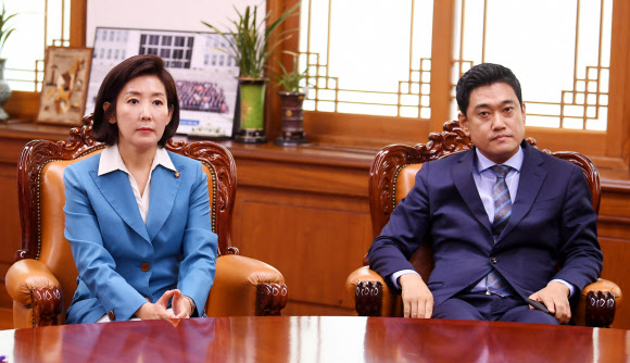 자유한국당 나경원 원내대표와 바른미래당 오신환 원내대표(오른쪽)가 28일 오전 문희상 국회의장과의 여야 3당 원내대표 회동에 참석해 자리하고 있다. 2019.6.28  연합뉴스