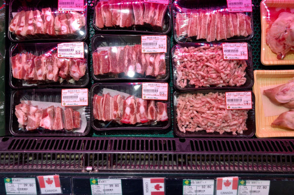 중국 정부는 지난 26일부터 캐나다산 돼지고기에서 금지하는 사료첨가물 ‘락토파민’이 검출된 후 조사에 착수한 결과 위조된 검역증명서 188건을 적발했다며 캐나다산 육류 수입을 전면 금지했다. 사진은 지난 6월18일 베이징의 한 슈퍼마켓에 진열된 캐나다산 돼지고기. 베이징 AP 연합뉴스