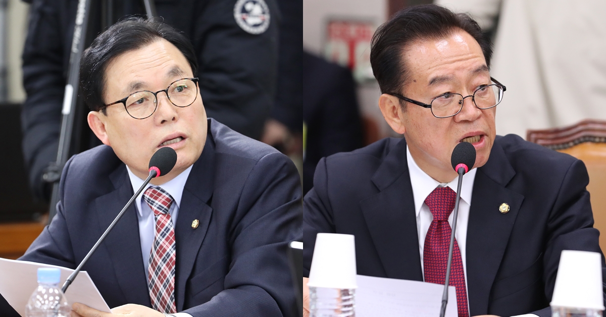 자유한국당의 이채익(왼쪽) 의원과 이종배 의원. 연합뉴스