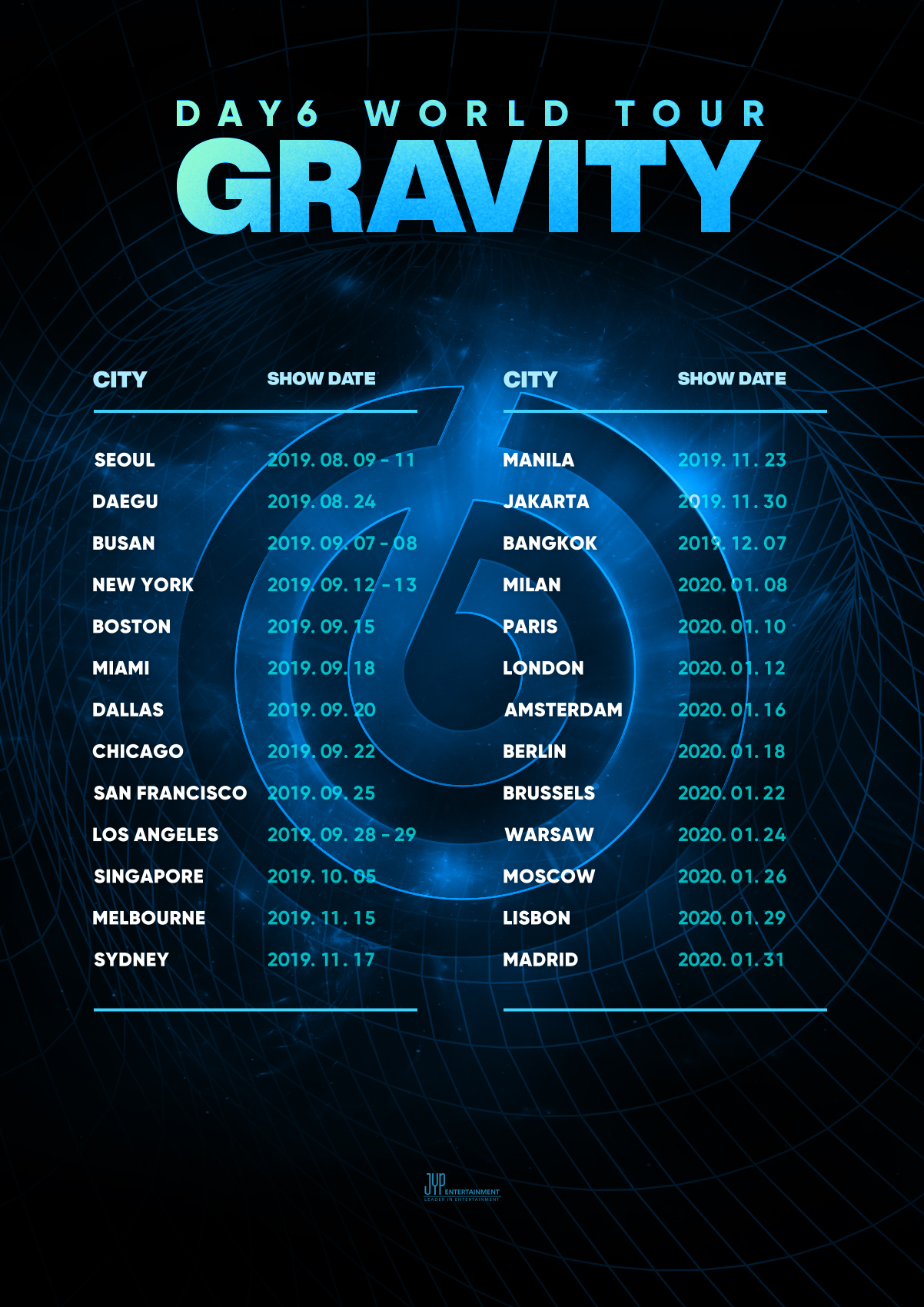 DAY6 WORLD TOUR ‘GRAVITY’ 일정. JYP엔터테인먼트 제공