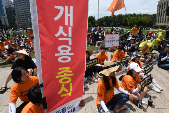 7일 오후 서울광장에서 열린 개식용 철폐 전국 대집회에서 동물자유연대, 카라 등 동물보호단체 회원들이 개식용을 반대하는 손피켓을 들고 있다. 2019.7.7.  오장환 기자 5zzang@seoul.co.kr