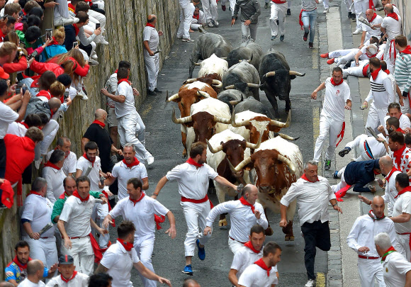 9일(현지시간) 스페인 북부 팜플로나에서 열린 ‘산 페르민 소몰이 축제’ 참가자들이 황소들을 피해 거리를 달려가고 있다. AFP 연합뉴스