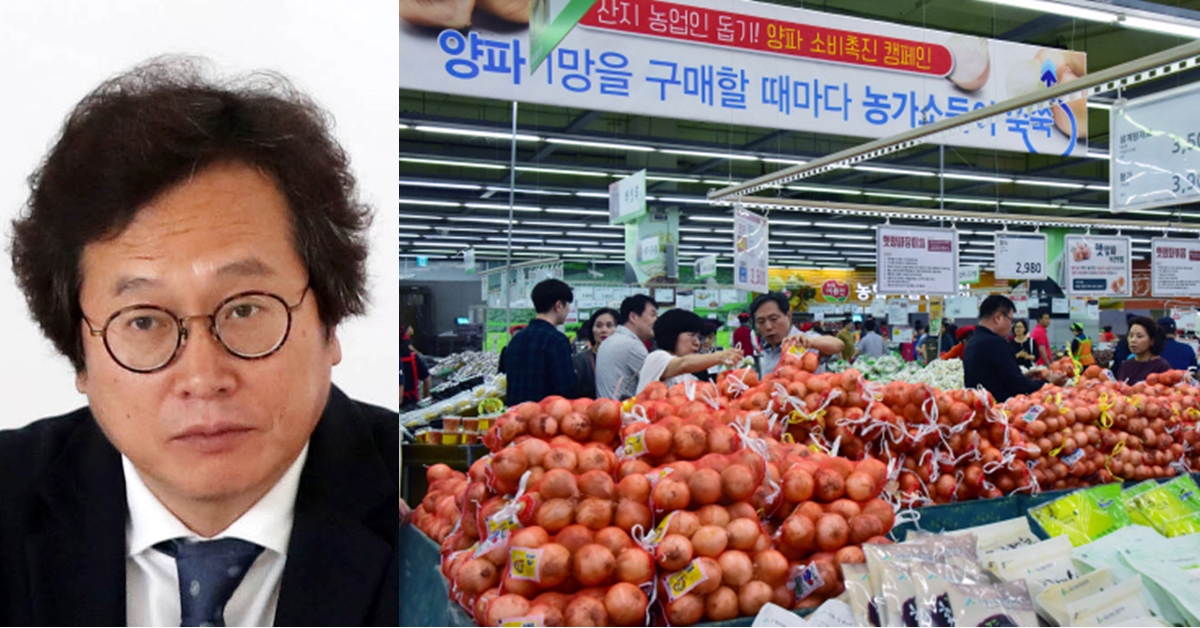 음식평론가 황교익(왼쪽)씨.  생산량 증가에 따른 가격하락으로 어려움을 겪고 있는 양파 생산 농가를 돕기 위해 9일 농협 하나로마트 양재점에서 벌이고 있는 ‘양파 소비촉진 캠페인’에서 소비자들이 양파를 고르고 있다. 2019.6.9 이종원 선임기자 jongwon@seoul.co.kr