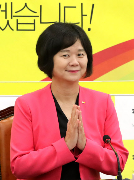 당대표 퇴임 기자회견에서 박수치는 이정미