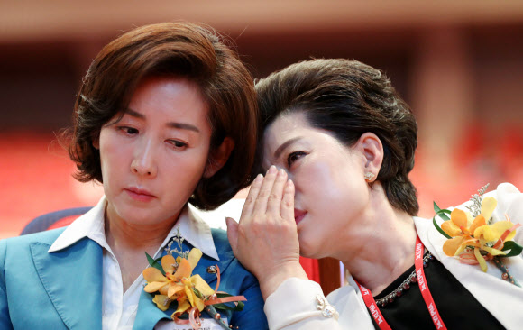 14일 서울 광진구 세종대학교에서 열린 대한간호조무사협회 창립 46주년 기념식에서 자유한국당 나경원 원내대표(왼쪽)와 홍옥녀 대한간호조무사협회장이 이야기를 하고 있다. 2019.7.14  연합뉴스