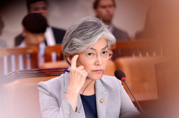 의원 발언 듣는 강경화 장관