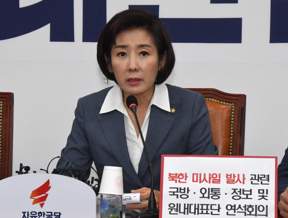 자유한국당 나경원 원내대표가 31일 오전 국회에서 북한 미사일 발사관련 국방,외통,정보위-원내부대표단 연석회의을 열고 발언하고 있다. 2019.7.31.  김명국선임기자 daunso@seoul.co.kr