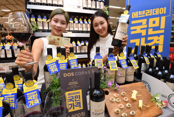 1일 서울 이마트 성수점에서 모델이 칠레 와이너리부터 수입한 ‘도스코파스 까버네쇼비뇽’을 선보이고 있다. 이번에 선보이는 ‘도스코파스’와인은 이마트가 1일부터 진행하는 ‘에브리데이 국민가격’상품 중 하나로, 시세 대비 60% 저렴한 4,900원에 판매한다. 15일부터는 스페인 와이너리에서 수입한 ‘도스코파스 레드블렌드’ 역시 같은 가격에 판매를 시작한다. 2019. 8. 1. 박윤슬 기자 seul@seoul.co.kr