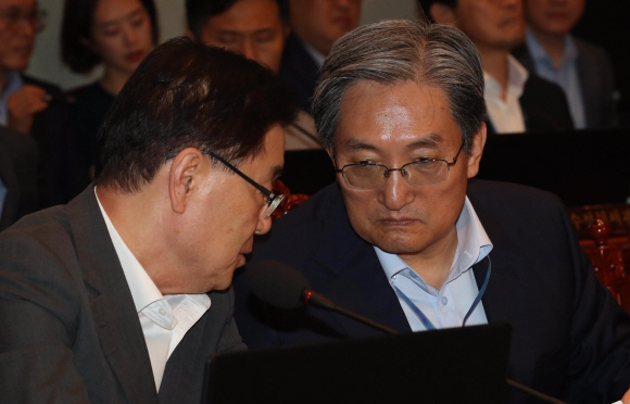 노영민 대통령 비서실장(오른쪽)과 정의용 국가안보실장이 2일 오후 청와대에서 일본의 추가 경제 보복 조치에 대한 대응 방안을 논의하기 위해 열린 임시 국무회의에서 얘기를 나누고 있다. 2019.8.2 도준석 기자 pado@seoul.co.kr