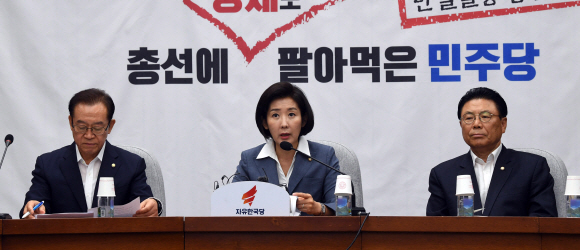 6일 서울 여의도 국호에서 열린 자유한국당 원내대책회의에 나경원 원내대표가 모두발언을 하고 있다. 2019. 8. 6 정연호 기자 tpgod@seoul.co.kr