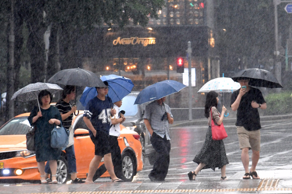 비가 내린 12일 시민들이 우산을 쓴채 출근길을 재촉하고 있다. 2019.8.12 박지환기자 popocar@seoul.co.kr