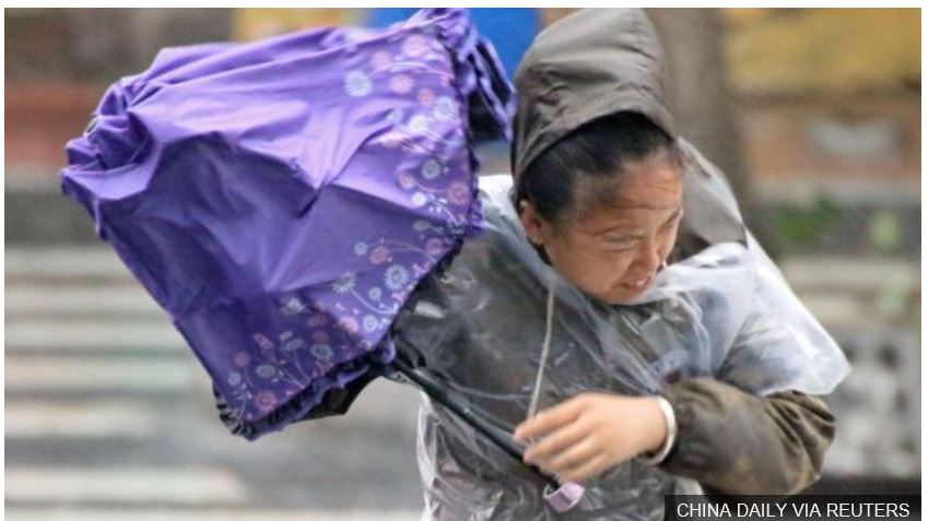 중국 산둥성 얀타이의 한 주민이 지난 11일 태풍 레끼마 때문에 비바람이 치자 우산으로 막아보려 안간힘을 쓰고 있다. 로이터 자료사진 연합뉴스 