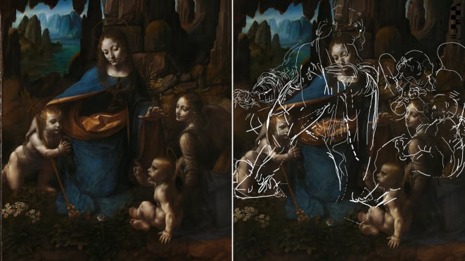 레오나르도 다빈치의 작품 ‘바위산의 성모’(왼쪽)와 이번에 발견된 밑그림을 합성한 모습(오른쪽). 영국런던국립박물관 CNN 제공