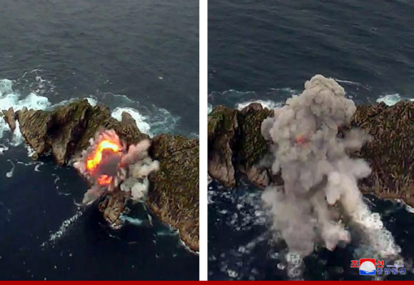 북한 어제 ‘새 무기’ 시험사격 공개…돌섬 타격