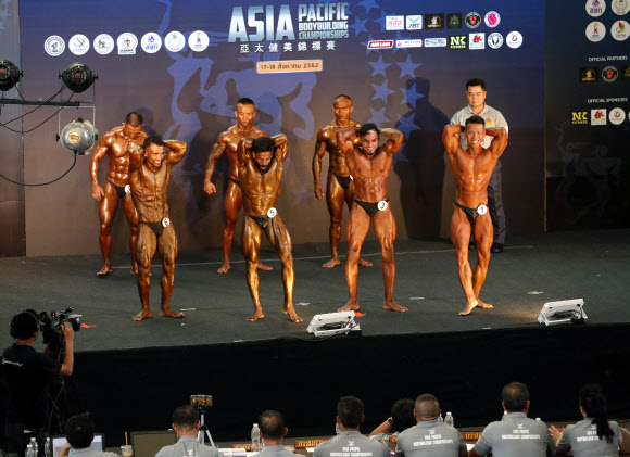 남성 보디 빌더들이 17일(현지시간) 태국 방콕에서 열린 ‘아시아 태평양 보디 빌딩 챔피언십 2019’ the Men‘s Bodybuilding up to 65kg category에서 멋진 근육을 선보이며 경쟁하고 있다. 이 대회에서는 아시아 태평양 국가들의 수백 명의 보디빌더들이 서로 멋진 근육을 과시하며 경쟁한다. EPA 연합뉴스