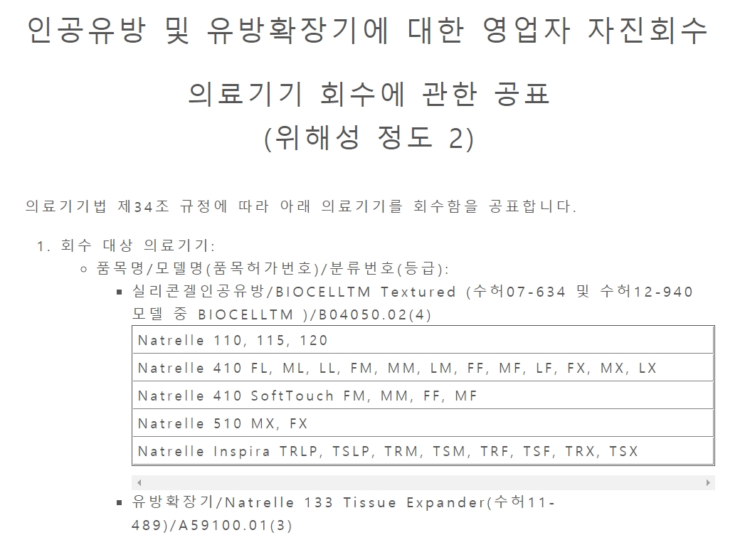 역형성 대세포 림프종 발병 사례가 국내에서 처음으로 보고돼 회수 조치에 들어간 엘러간 사의 인공유방 보형물 제품 목록.  엘러간코리아 홈페이지