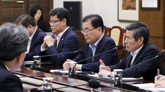 정경두 국방부 장관이 22일 오후 청와대에서 한일 군사정보보호협정(지소미아)과 관련한 국가안전보장회의(NSC) 상임위원회 회의 내용을 문재인 대통령에게 보고하고 있다. 오른쪽부터 정 장관, 정의용 청와대 국가안보실장, 김연철 통일부 장관. 청와대 제공