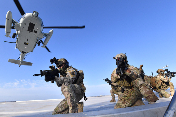 25일 열린 동해영토수호 훈련에 참가한 해군 특전요원(UDT)들이 해상기동헬기(UH-60)로 독도에 전개해 사주경계를 하고 있다. 2019.8.25 해군제공